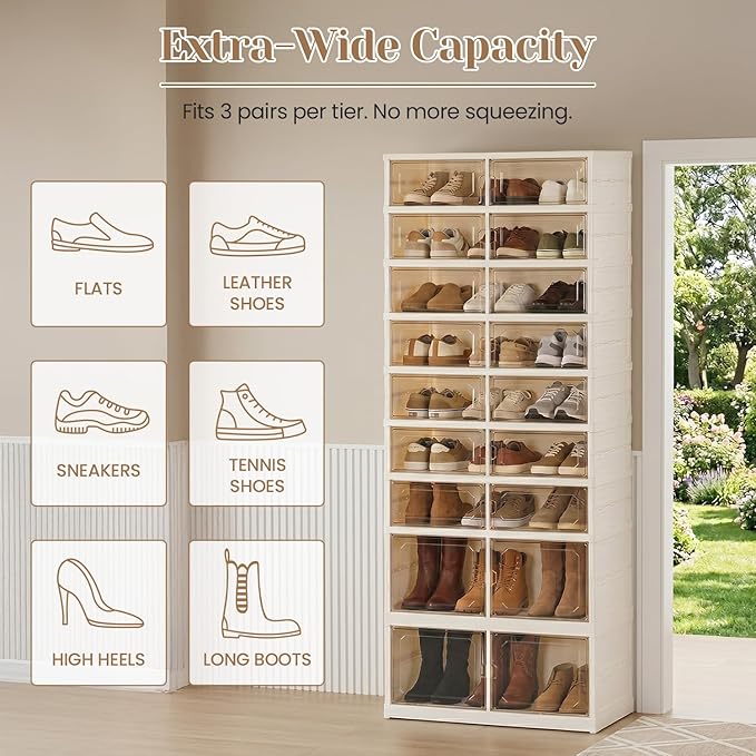 Foldable Shoe Rack with Doors, Stackable Plastic Shoe Organizer, Large Clear Shoe Storage Boxes for Closet and Entryway, Portable Collapsible Shoe Cabinet 9 Tiers, 27Pairs