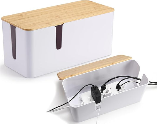 Bamboo Lid Cord Organizer Box, 2Pack Large Cable Management Box, White