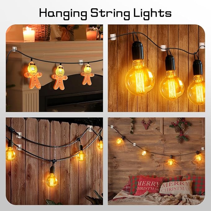 KGROTE 60Pcs Christmas Light Clips, Hooks for Outdoor String Lights Clips, Adhesive Cord Organizer Hooks, Sticky Wire Holder for Hanging Christmas Lights, Wall Cable, Fairy Lights (Clear, Medium)