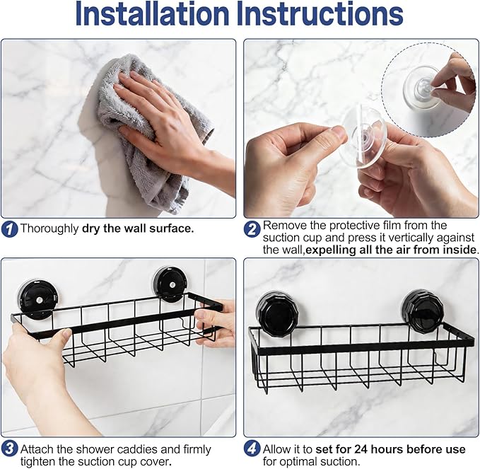 Shower Caddy Suction Cup Adhesive with Hooks, Heavy Duty Shower Shelves Storage Organizer for Bathroom, No Drilling Bathroom Shelf with Large Capacity, Black Metal Storage Basket