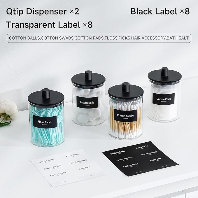Glass Qtip Holder Dispenser, 10 oz Clear Canister Apothecary Jar, 2 Pack, Black