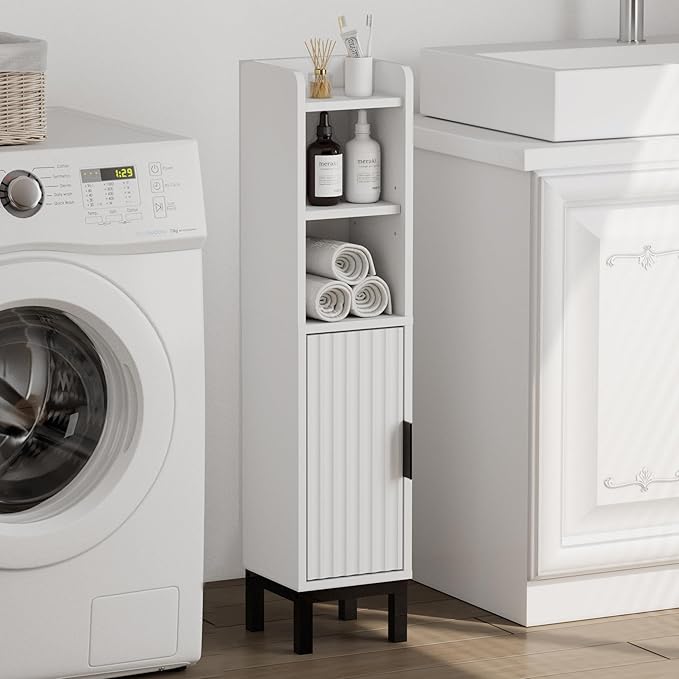 FerniTry Small Bathroom Storage Cabinet, Narrow Corner Floor Cabinet with Door and Shelves for Toilet Paper, Bathroom Organizer with Adjustable Shelf, for Small Spaces (White)