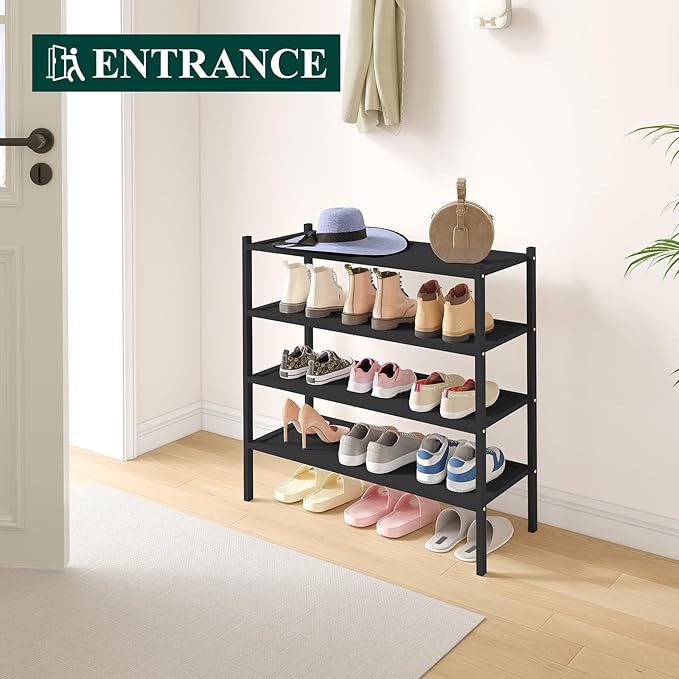 Bamboo Shoe Rack, 4 Tier Shoe Organizer for Entryway & Closet, Black