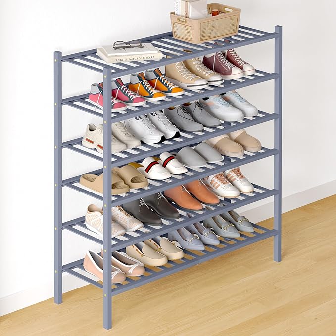 Smiry Bamboo Shoe Rack for Closet, 6 Tier Long Wooden Shoe Organizer, Stackable Wood Shoe Storage Shelf for Entryway, 14 Vertical Slats, 3+3 Stack Heavy-Duty Legs, 33.86"x11.02"x36.61", Grey