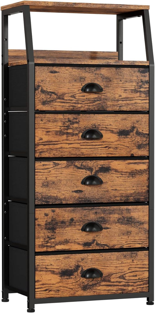 Tall 5 Drawers Dresser, Vertical Storage Tower Fabric Dresser for Bedroom