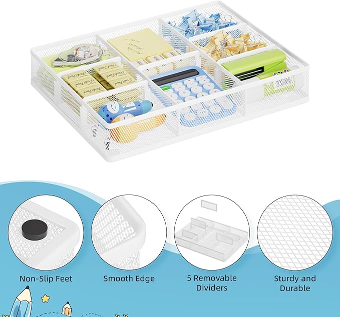 Marbrasse 2P Desk Drawer Organizer, Metal Mesh Drawer Organizer Tray with 5 Adjustable Compartments,Desk Organizers and Accessories for Home,Office,Kitchen,Makeup,Vanity (White)