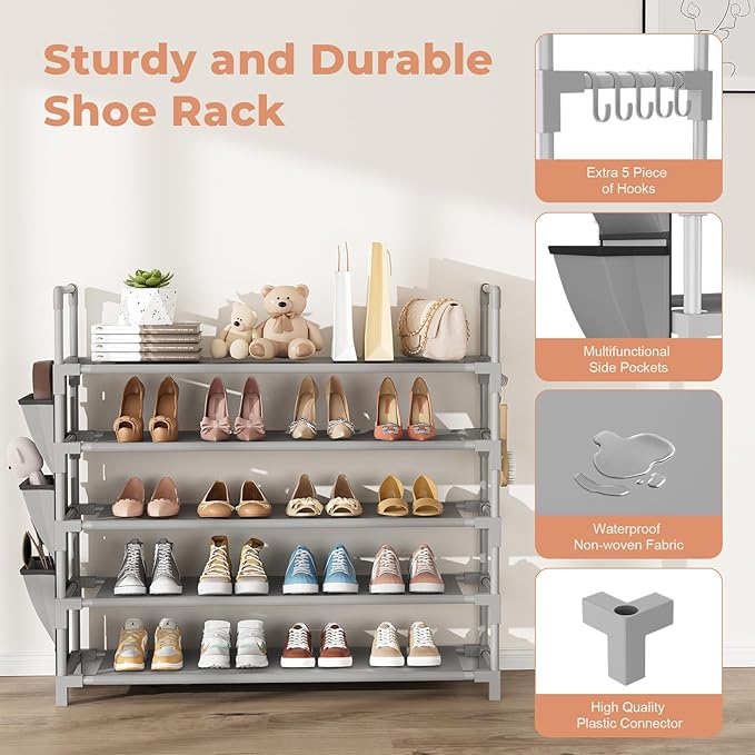5 Tier Shoe Rack, Shoe Organizer Storage for 20-25 Pair Boot and Sneaker, Stackable Free Standing Shoe Shelf with Hooks and Side Pocket, Space Saving Shoes Rack for Closet, Entryway, Grey