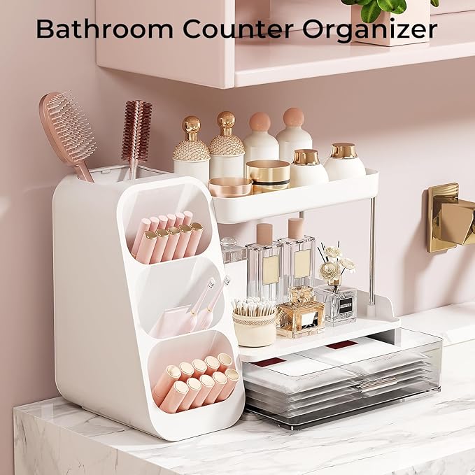 UFORU Makeup Organizer for Vanity with Brush Holder, 2 Tiers Countertop Skincare, Cologne Organizer and Perfume Stand for Bathroom Vanity, Large Capacity Makeup Storage, White