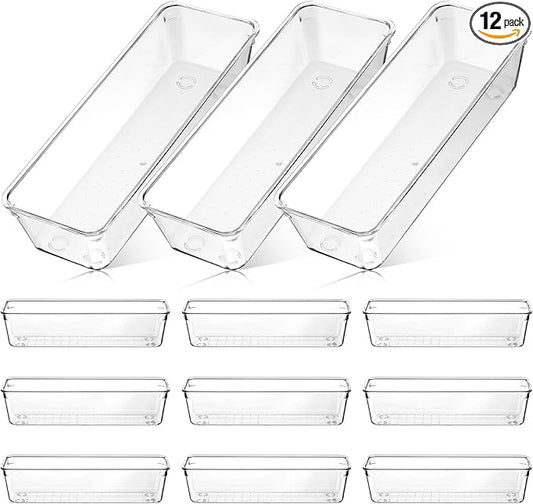 12pcs Clear Plastic Drawers Organizer, 9 x 3 x 2 Inches Stackable Acrylic Drawer Organizer, Non-Slip Clear Drawer Organizers for Bathroom, Office, Kitchen Cabinets, Dressing Tables, Makeup, Utensil