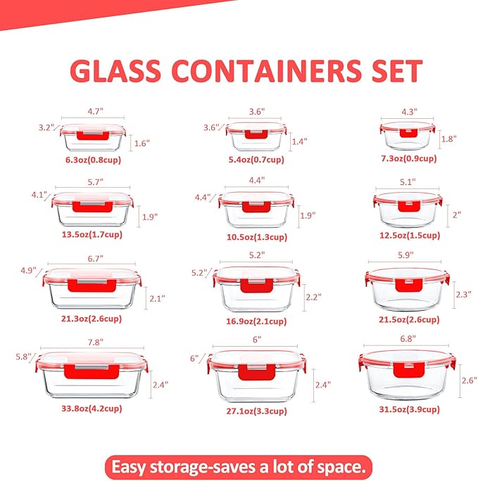 KOMUEE 24 Pieces Glass Food Storage Containers Set, Meal Prep Containers, BPA-Free Airtight Glass Storage Containers with lids, Freezer, Microwave and Oven Safe, Red