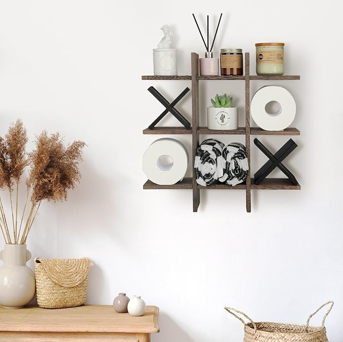 Weysat Tic Tac Toe Toilet Paper Holder Stand Bathroom Wall Decor Rustic Wooden Hanging Storage Freestanding Wall Mounted Shelves Decor for Toilet Tissue Farmhouse
