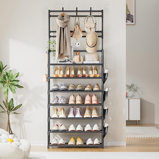 OYREL Shoe Rack 7 Tier Shoe Organizer Storage 21-28 Pairs Closet Shoes Rack for Front Door Entrance Shoe Rack Organizer with Hooks Side Pocket Entryway Large Capacity Shoe Shelf Tower Garage