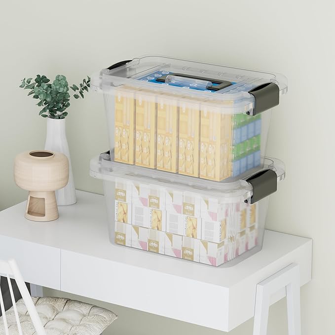 Cetomo Lidded Storage Bin, Tote Organizing Container with Handle and Buckles, Stackable, Plastic, Clear, 6.8Qt, Pack of 20