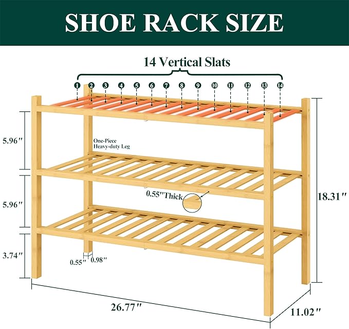 Smiry Bamboo Shoe Rack for Closet, 3 Tier Wooden Shoe Organizer, Stackable Wood Shoe Storage Shelf for Entryway, 14 Vertical Slats, One-piece Heavy-Duty Legs, 26.77"x11.02"x18.31", Natural