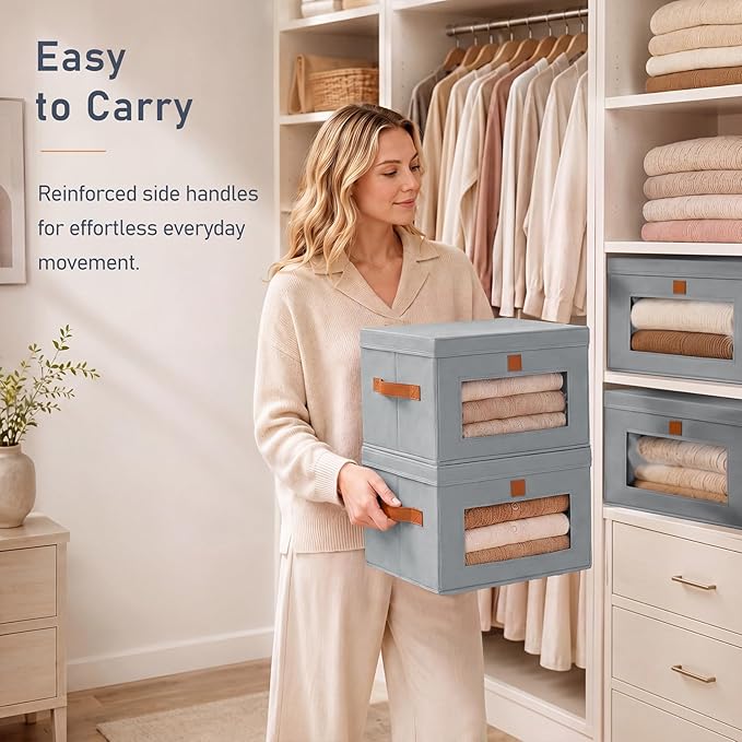 DIMJ Storage Bins with Lids - 5 Pack Front Opening Stackable Fabric Storage Boxes with Clear Window & Handles, Collapsible Closet Organizers for Clothes, Sweaters, Shelf Storage, Bedroom, Gray
