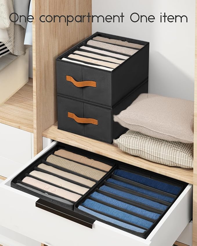 Homsorout Closet Organizers and Storage - Fabric Clothes Organizer with Handles, Foldable Jeans Organizer for Clothes, Drawer Organizer for Shirts, Bra, Sweater, Scarf, 6 Pack, Black