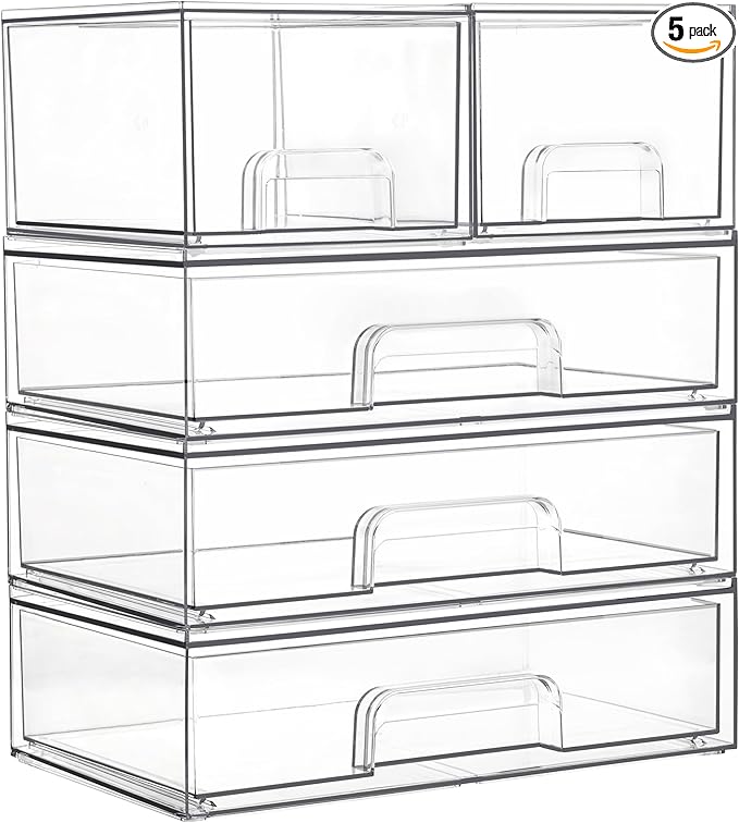 Clear Stackable Storage Drawers Set of 5, Plastic Organizer Bins for Makeup