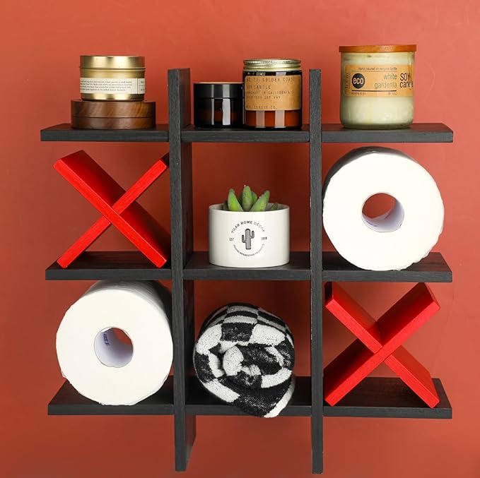 Weysat Tic Tac Toe Toilet Paper Holder Stand Bathroom Wall Decor Rustic Wooden Hanging Storage Freestanding Wall Mounted Shelves Decor for Toilet Tissue Farmhouse