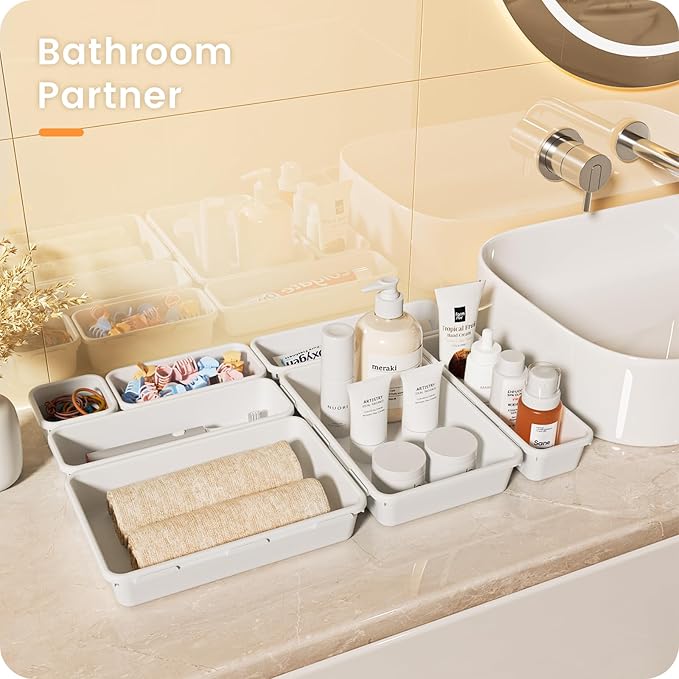 A-LuGei 【Military Grade Drawer Organizer, 【𝟱𝗦𝗶𝘇𝗲】 Makeup organizer, 【Holds 177 Items】 Bathroom Organizers and Storage, Organization and Storage, Desk Drawer Organizer for Vanity (White)
