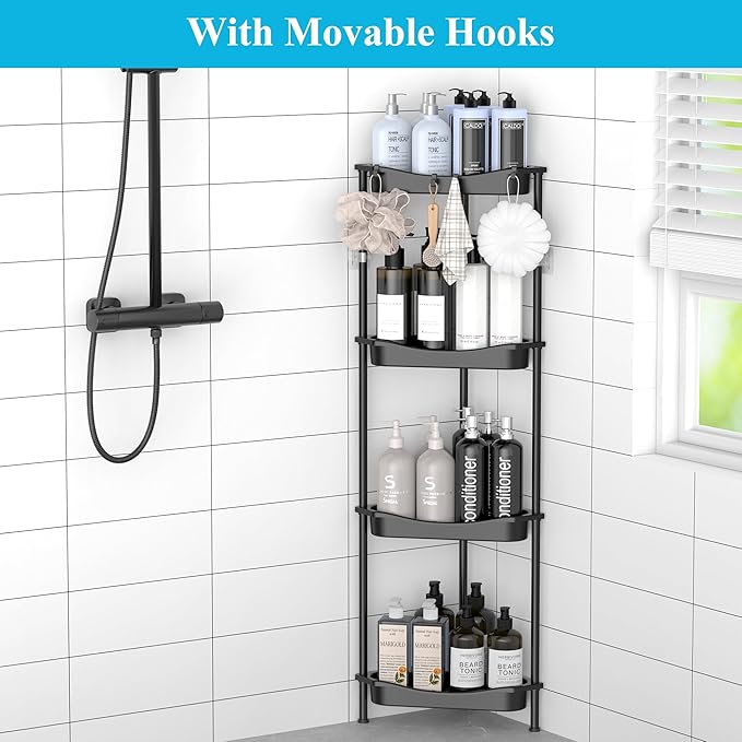 4 Tier Floor Standing Corner Shower Caddy Organizer Shelf with Hooks, Jet Black