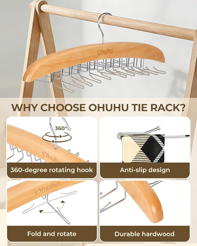 Tie Rack Hanger for Closet: Ohuhu 2 Packs 24 Folding Hooks Tie Hangers for Men Wooden Tie Holder Organizer Space Saving Necktie Storage 360 Degree Rotating Ties Belts Scarves Tank Tops-Burlywood