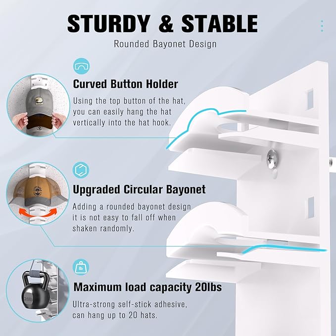 Hat Organizer for Baseball Caps, White