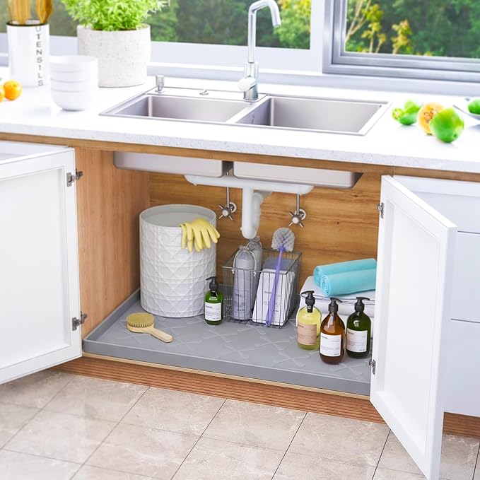 SIKADEER 28" x 22" Under Sink Mat Waterproof, Silicone Mat Kitchen Drawer Shelf and Cabinet Liner, Sink Protector for Kitchen Organizers and Storage, Boot Tray Pet Food Mats