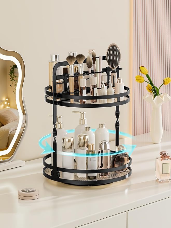 Rotating Makeup Vanity Organizer, 360 Spinning Perfume Organizer for Dresser, 2-Tier Black Bathroom Countertop Organizer, Lazy Susan Skincare Storage, Cosmetic Display with Makeup Brush Holder