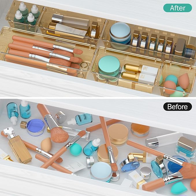 6 Pack Clear Drawer Organizer Set, Acrylic Drawer Storage Trays, Champagne