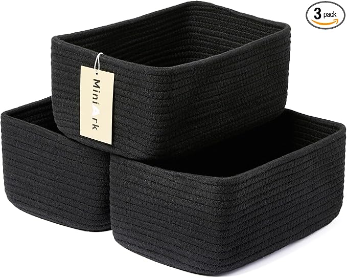 MiniArk Small Storage Baskets for Organizing | Closet Organizer Bins | Shelf Toy Basket | Woven Rope Baskets | Cube Decorative Box | Shallow Basket | 11.5x7.5x4.7” | 3 Packs Black