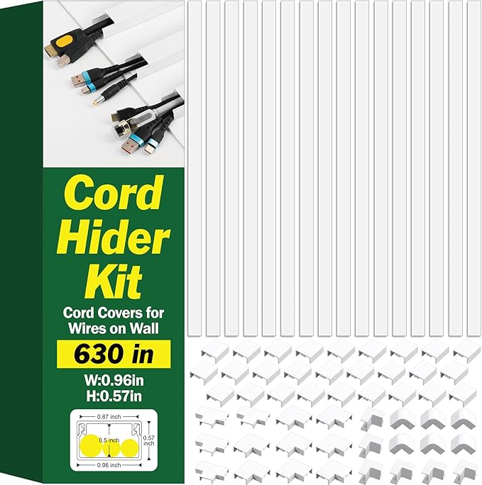AZEN Cord Hider Kit, 630in Cord Covers for Wires on Wall, Paintable Wire Covers for Cords on Wall, Self-Adhesive Cable Hider Cord Organizer, 40X L15.75in X W0.96in x H0.57in