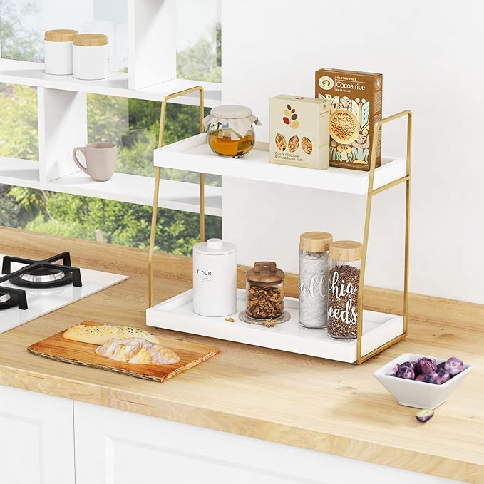Bathroom Organizer Countertop, 2 Tier, White and Gold