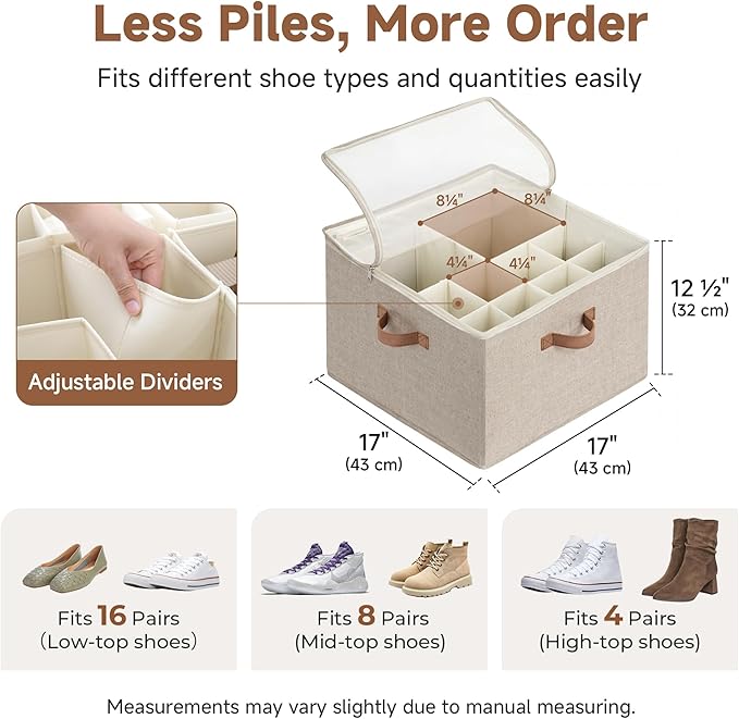 StorageWorks Shoe Organizer for Closet, Shoe Cubby Storage Containers with Adjustable Dividers and Clear Cover, Foldable Shoe Storage Box for Entryway, Fits up to 16 Pairs, Brown
