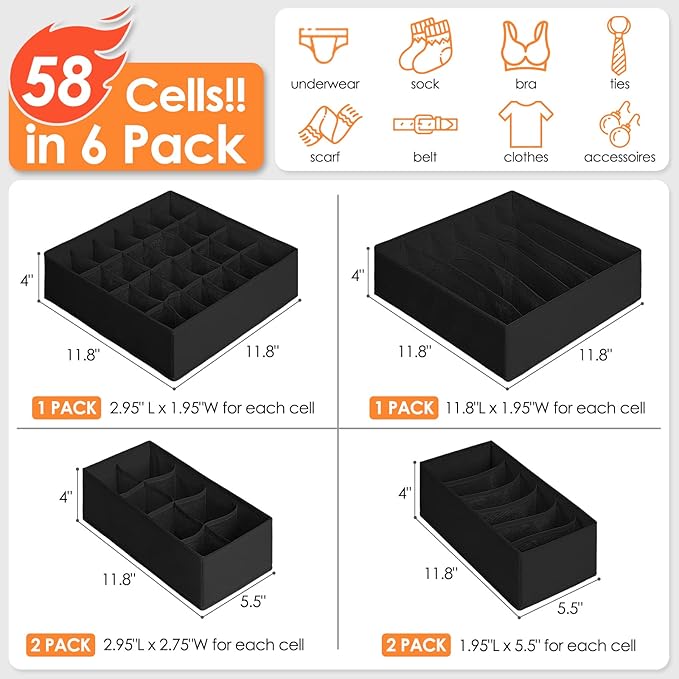 6 Pack Sock Underwear Drawer Organizer Dividers, Black