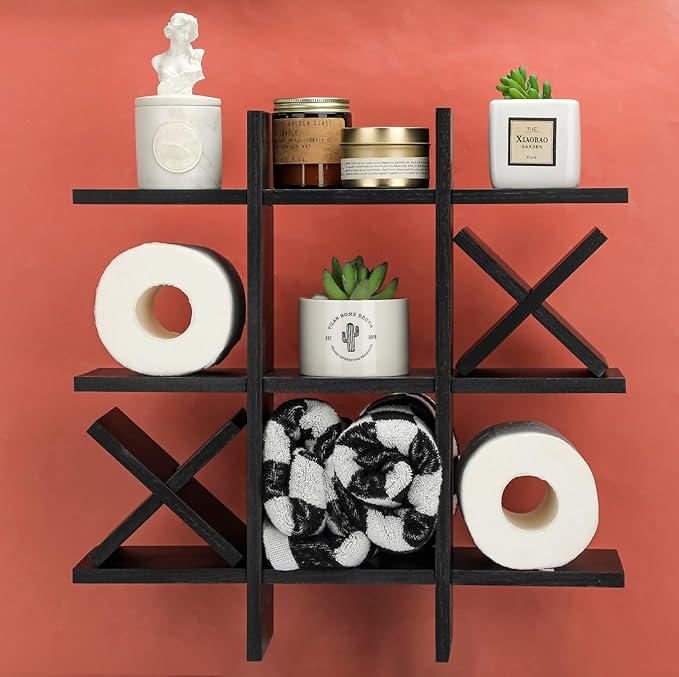Weysat Tic Tac Toe Toilet Paper Holder Stand Bathroom Wall Decor Rustic Wooden Hanging Storage Freestanding Wall Mounted Shelves Decor for Toilet Tissue Farmhouse