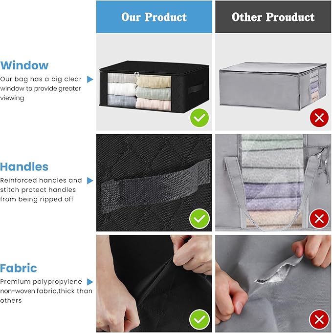 HomeHacks Storage 3-Pack Clothes Organizer Storage Bags Foldable Storage Box with Large Clear Window Sturdy Handles for Closet, Dorm, Pillows, Bedding, Clothes, Blankets, 35L, Black