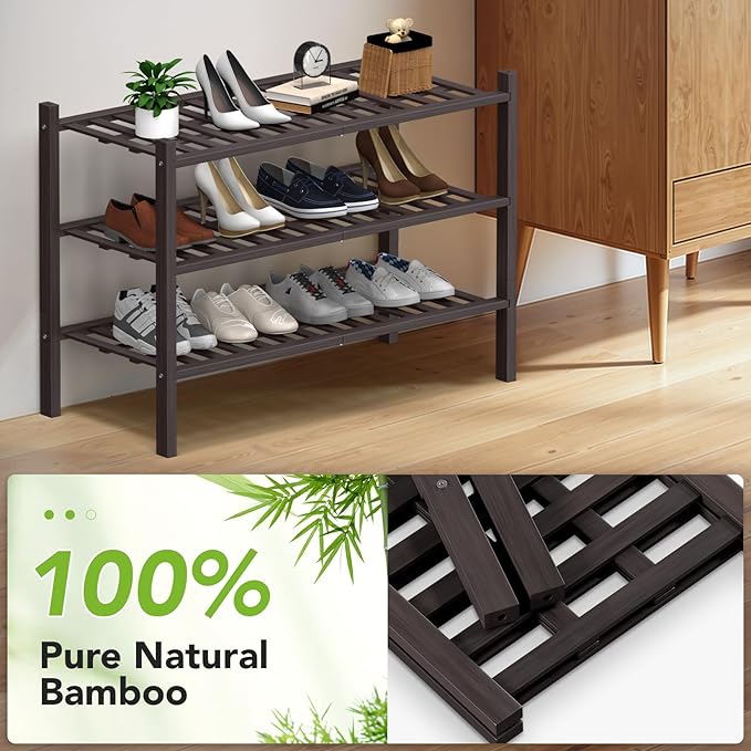 Haddockway 3 Tier Bamboo Shoe Rack Storage Organizer, Multifunctional Free Standing Stackable Shoe Shelf with Grid Panel for Closet,Hallway,Entryway,Small Space 27"x11"x20"