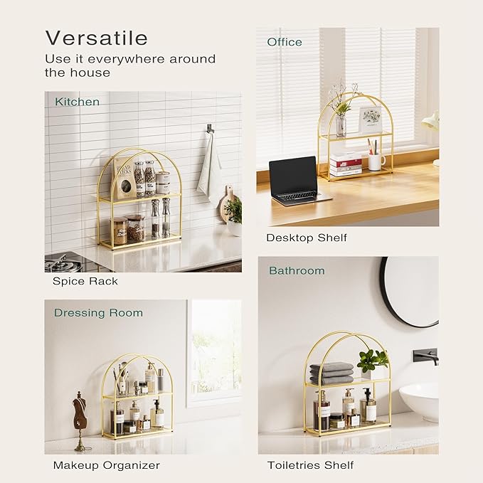 Crofy Gold Arched Frame Wall Shelf, Decorative 2 Tier Bathroom Wall Shelf with Transparent Tempered Glass Shelves and Robust Storage Capacity, 5.1" D x 17.9" W x 19.18" H