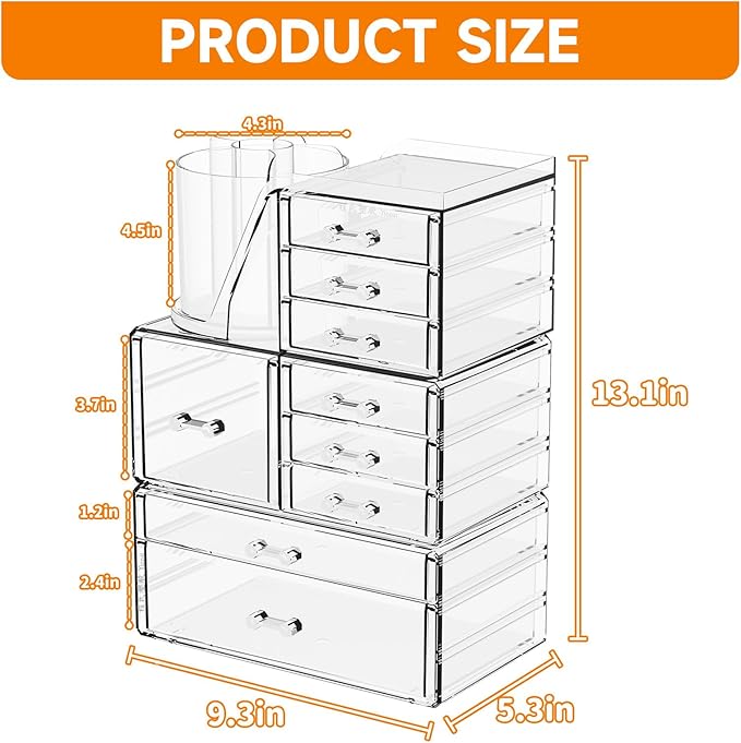 3 Pack Clear Acrylic Makeup Organizer for Vanity With 9 Drawer