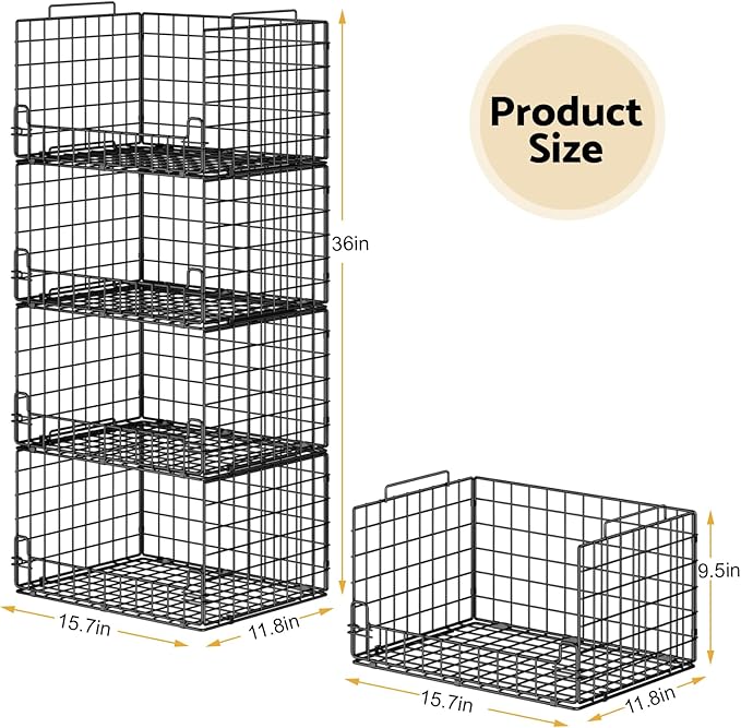 4-Tier Stackable Closet Organizers and Storage Basket - Foldable Closet Shelf Organizer System, Sturdy Metal Space-Saving Clothes Storage Bins for Wardrobe, Black