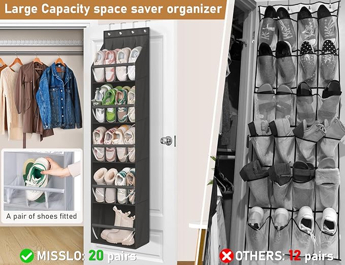 20 Pairs Over the Door Shoe Organizer for Closet Narrow Hanging Shoe Rack, Black