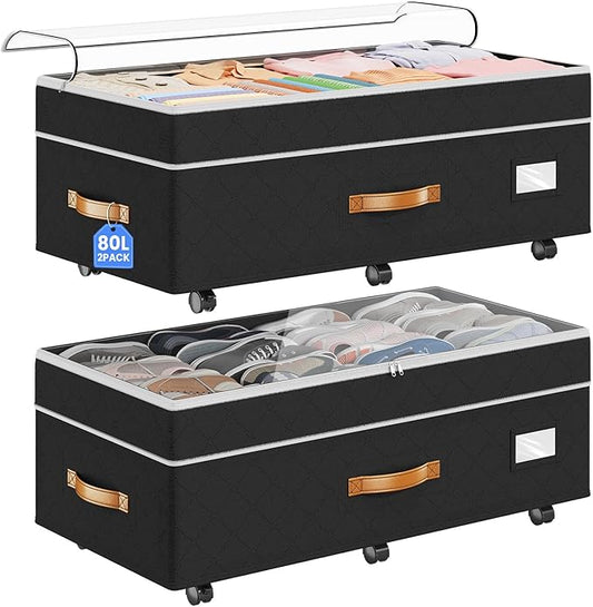 Budding Joy Under Bed Storage with Wheels 2Pack, Black