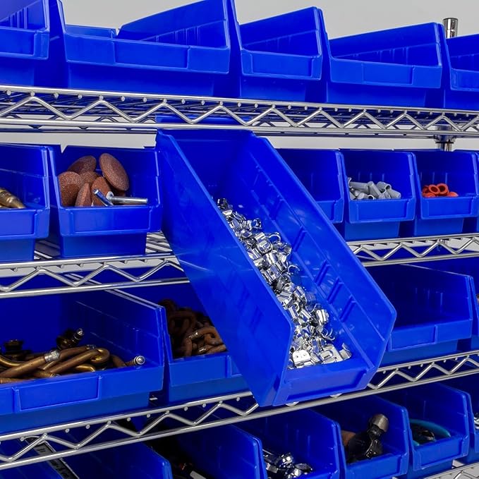 Akro-Mils 30120 Plastic Shelf Bins, Heavy Duty Storage Bins for Garage, Closet, and Drawer Organization, 12" x 4" x 4", Blue, 24-Pack