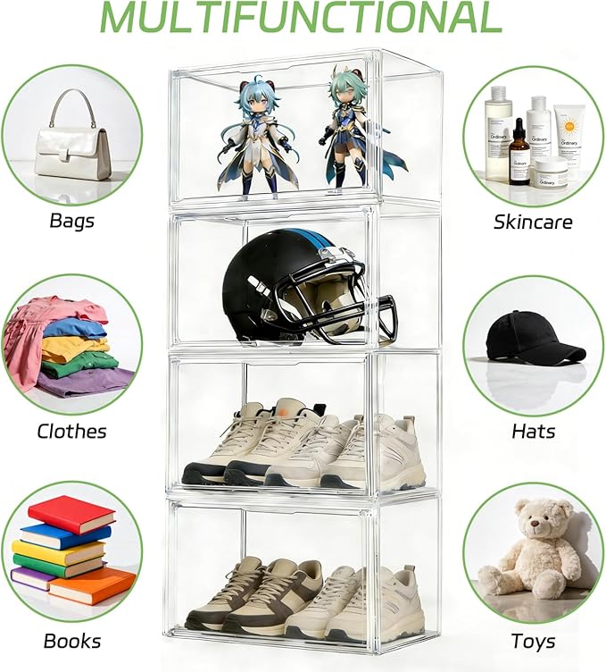 Extra Large 17.7" x 13" x 13" Clear Stackable Storage Bins, Acrylic Boxes with Magnetic Lid Storage Bins for Boots, Shoes, Collectibles, Bags, Figures, Books, Protection Organizer(3 Pack)