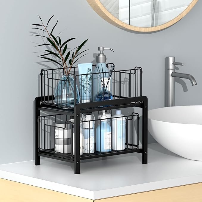 NPPLUS 2-Tier Under Sink Organzier: Iron Under Sink Cabinet Organizers With Sliding Drawer - Pull Out Home Storage For Bathroom Kitchen Desktop (Black)