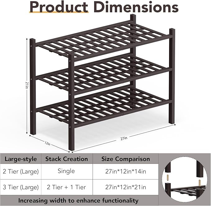 Haddockway Large 3 Tier Bamboo Shoe Rack Storage Organizer, Multifunctional Free Standing Stackable Shoe Shelf with Grid Panel for Closet,Hallway,Entryway,Small Space 27"x12"x21"