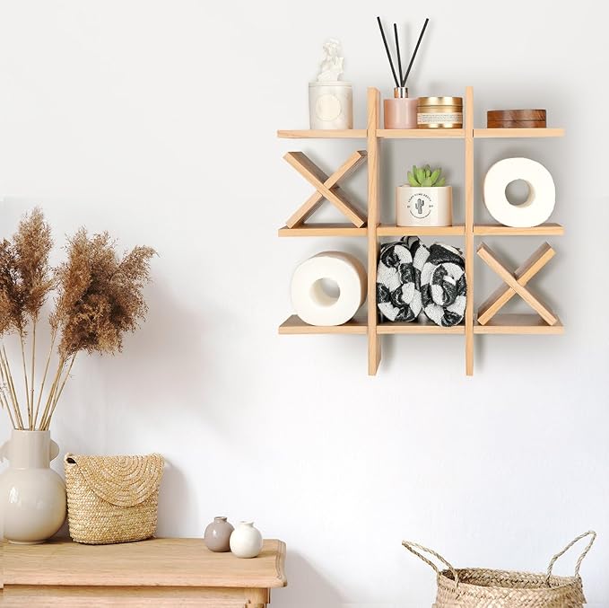 Weysat Tic Tac Toe Toilet Paper Holder Stand Bathroom Wall Decor Rustic Wooden Hanging Storage Freestanding Wall Mounted Shelves Decor for Toilet Tissue Farmhouse