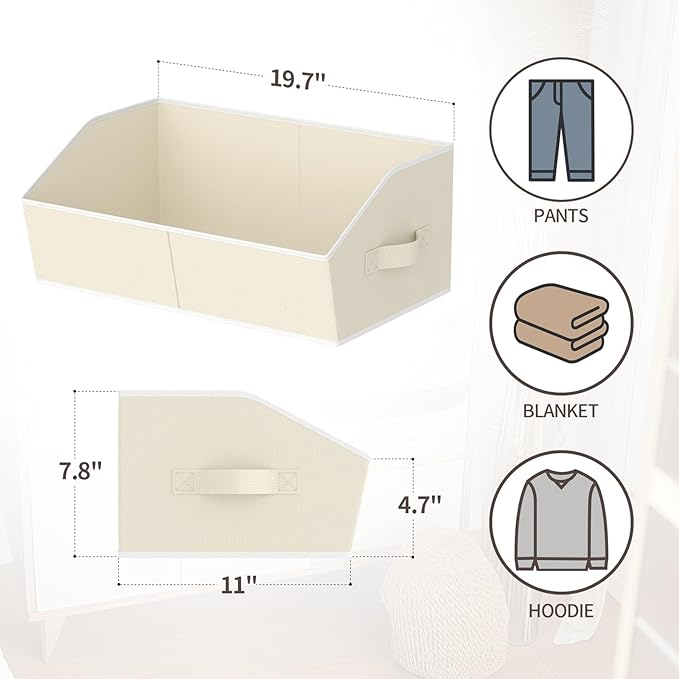 Homsorout Storage Bins for Shelves - Large Trapezoid Closet Shelf Organizer, Fabric Organization Bins with Handles, Storage Baskets for Clothes, Towel, Purse, 6 Pack, Beige
