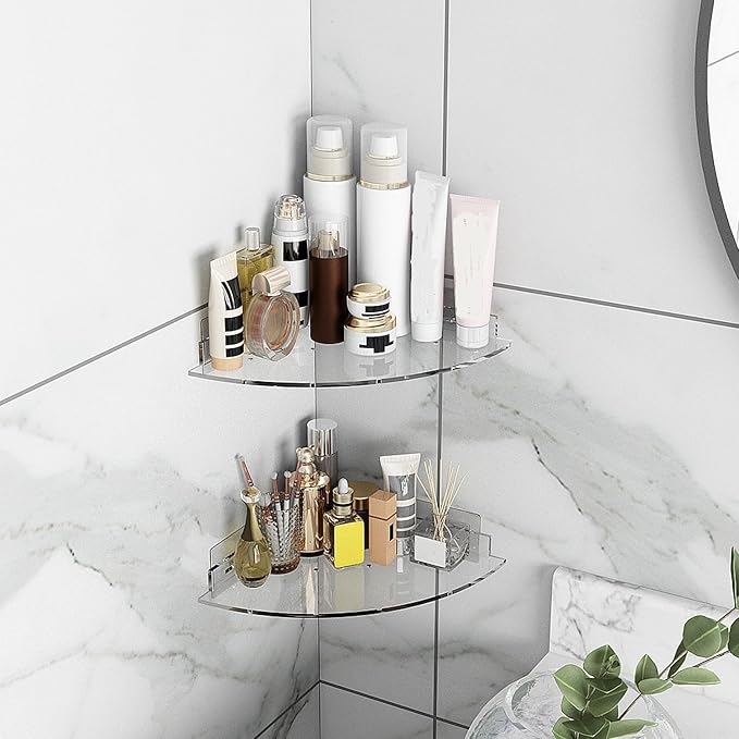 Acrylic Corner Shower Caddy Shelf 2 Pack - Wall Mounted Bathroom Shelves for Glass/Tile/Smooth Walls, Space Saving Storage Organizer for Shower, Kitchen, Bedroom & Toilet Corner