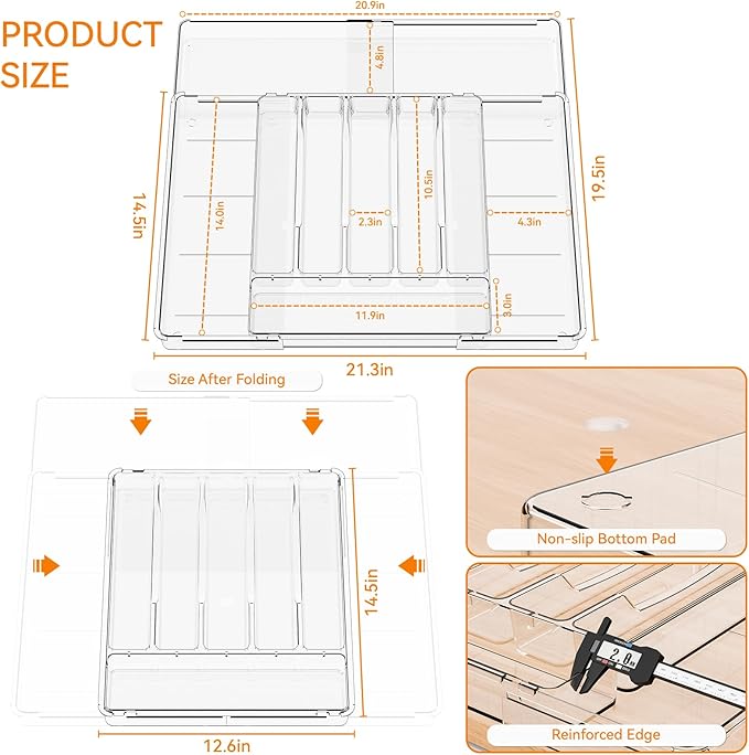 Clear Large Expandable Silverware Organizer and Kitchen Utensil Drawer Organizer
